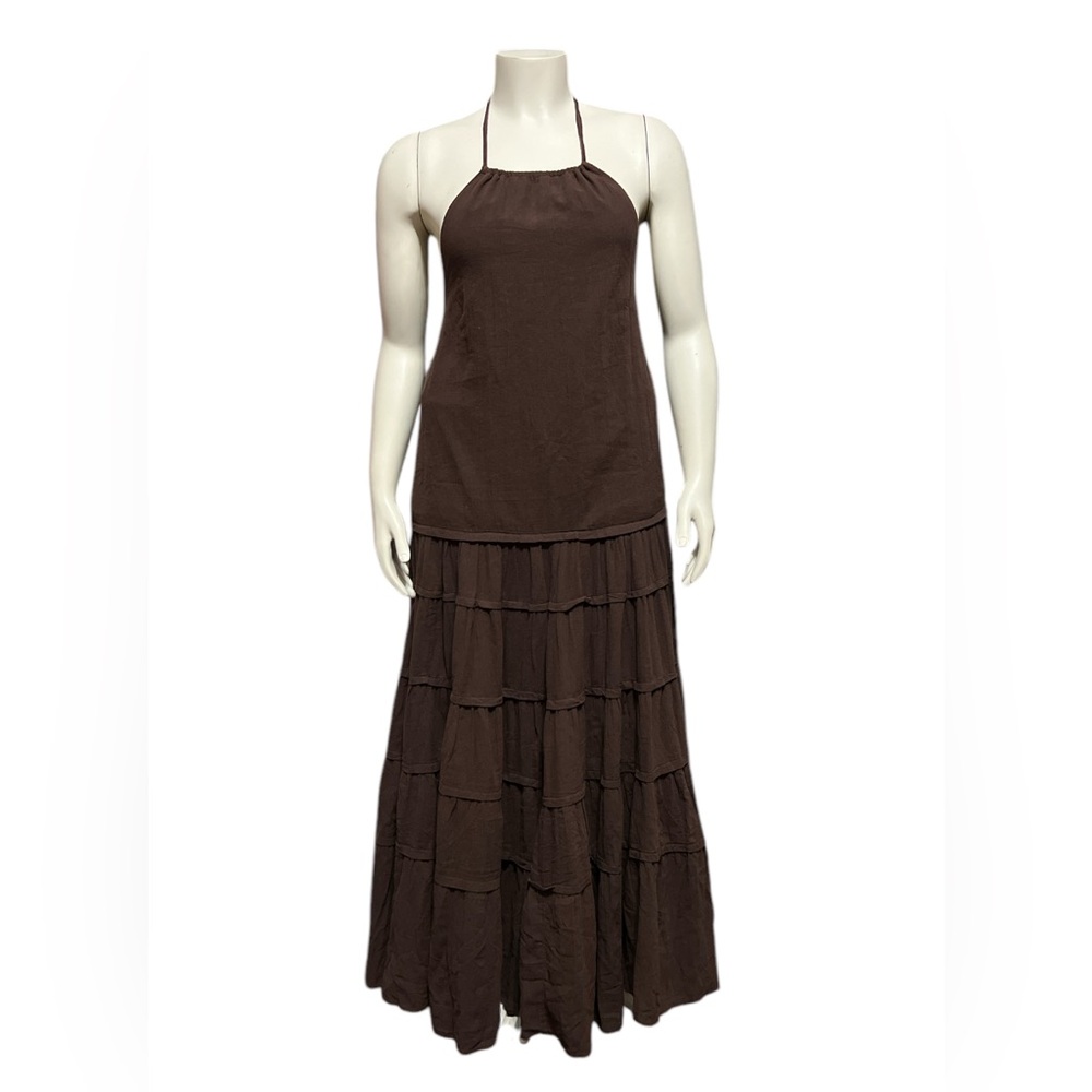 Free People Sz M Brown Dress Somewhere Sunny Drop Waist Maxi Tiered Flowy Boho